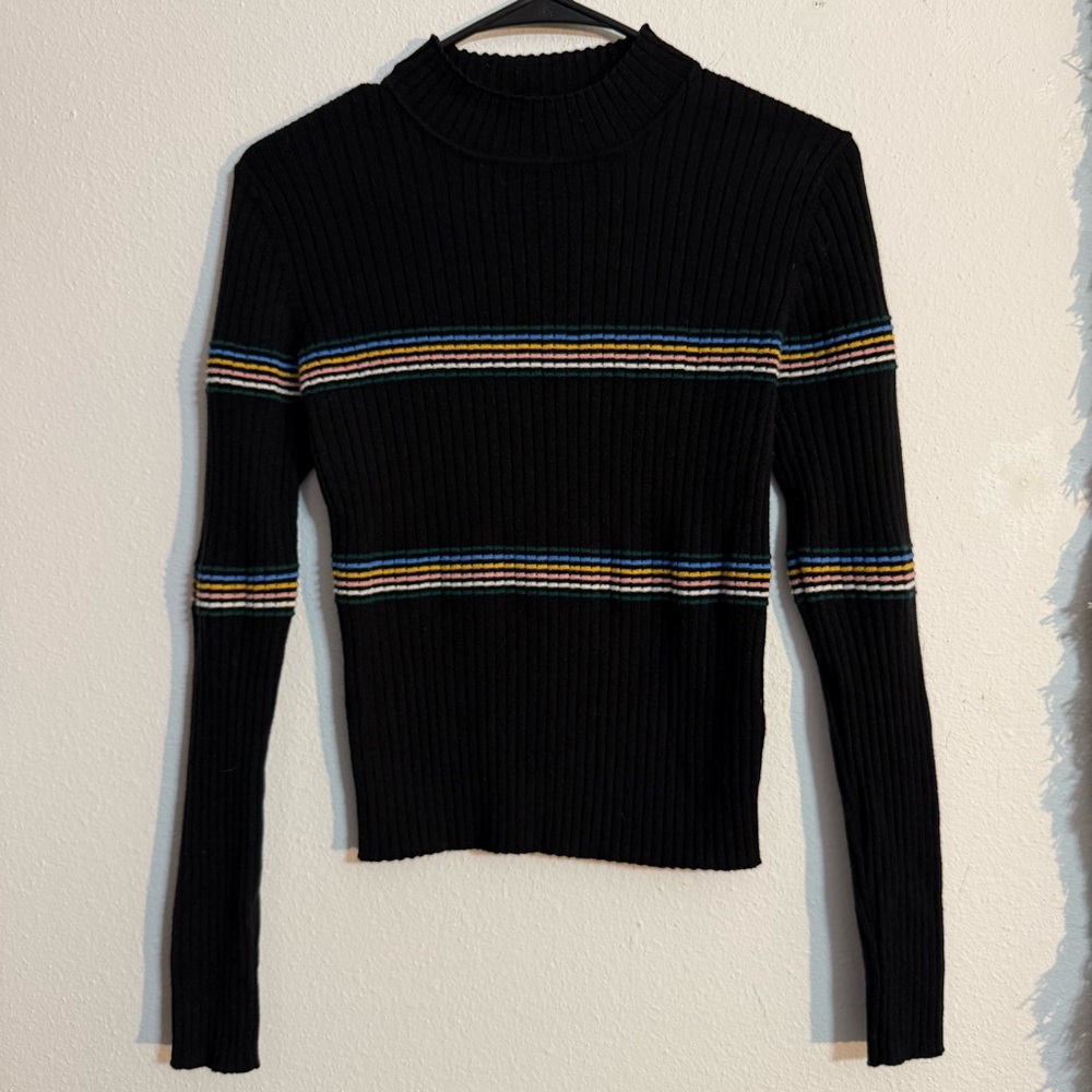 Lush • Vintage Black Ribbed Knit Top with Striped Accents • Women’s Sm